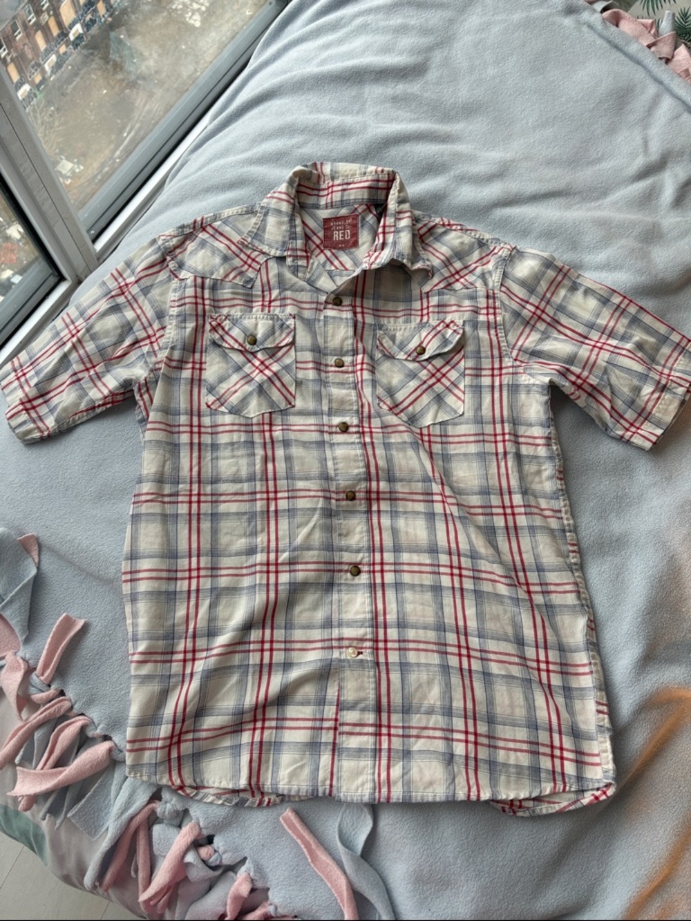 Wrangler Short-Sleeve Plaid Button-Down in White, Red & Blue